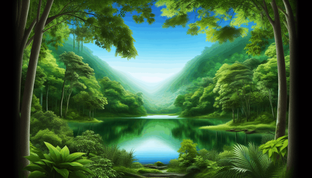 Un lac serein entouré d'arbres verdoyants sous un ciel bleu clair.