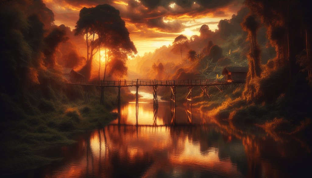 Paysage de forêt luxuriante avec une rivière sereine coulant sous un pont en bois au coucher du soleil.