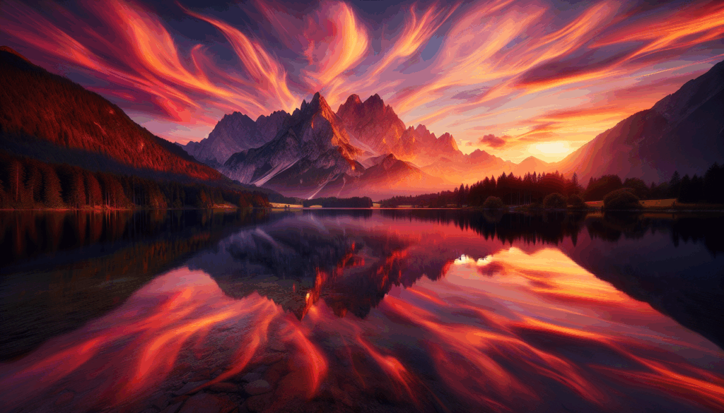 Un paysage montagneux serein au coucher du soleil avec un lac clair au premier plan.