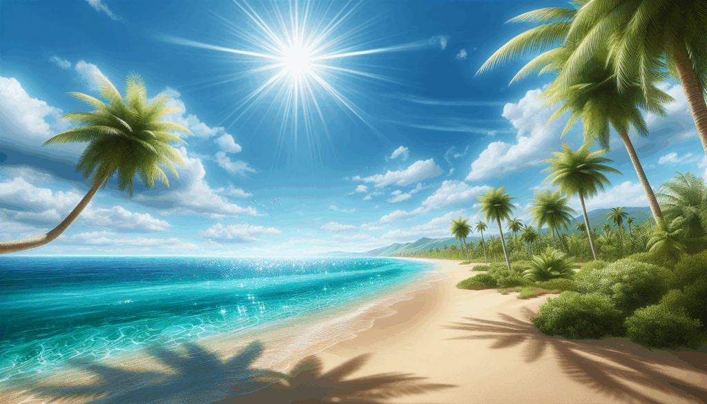 Une image réaliste d'une plage ensoleillée avec des palmiers et une eau bleue transparente.