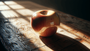 Une pomme réaliste sur une table en bois éclairée par une douce lumière du soleil.