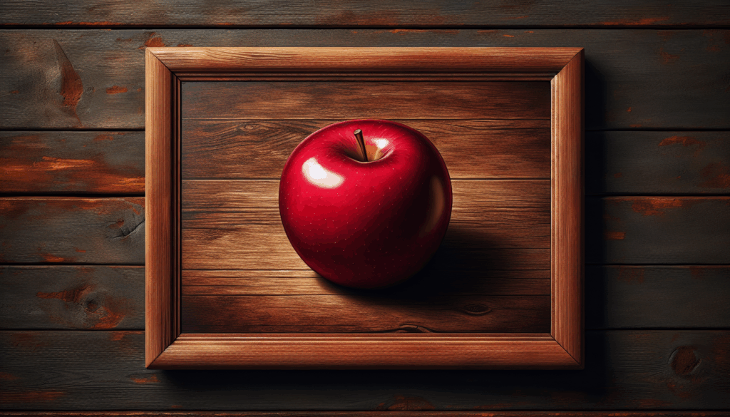 Une image réaliste d'une pomme rouge sur une table en bois.