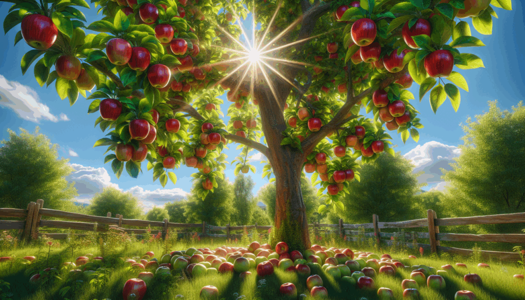 Un pommier réaliste avec des pommes rouges mûres lors d'une journée ensoleillée.