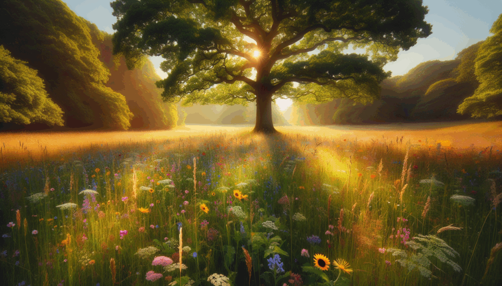 Pré ensoleillé avec des fleurs sauvages et un chêne solitaire.