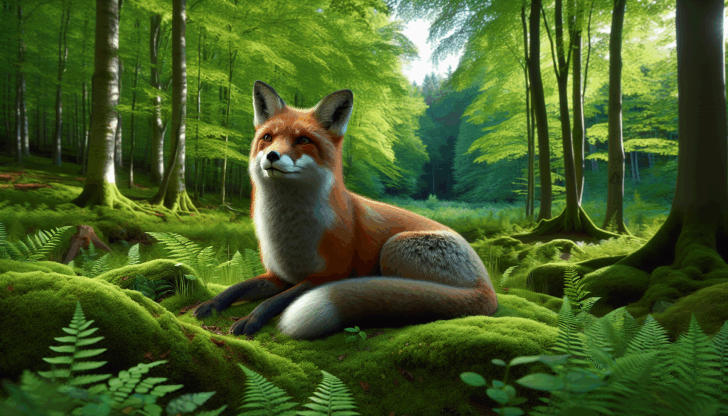 Un renard roux réaliste assis calmement dans une clairière verdoyante de la forêt.