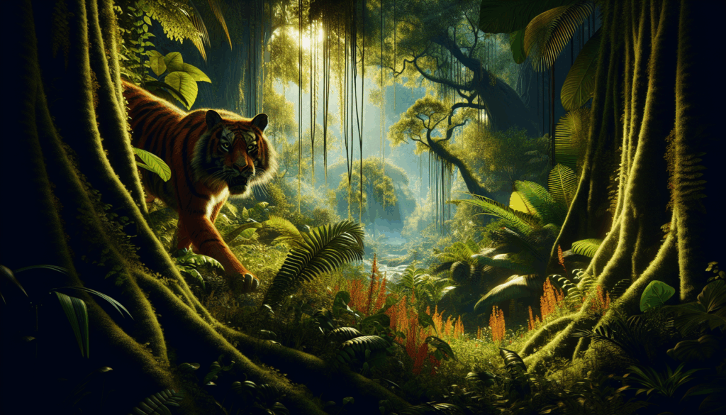 Une image réaliste d'un tigre orange se faufilant à travers une jungle verte dense.