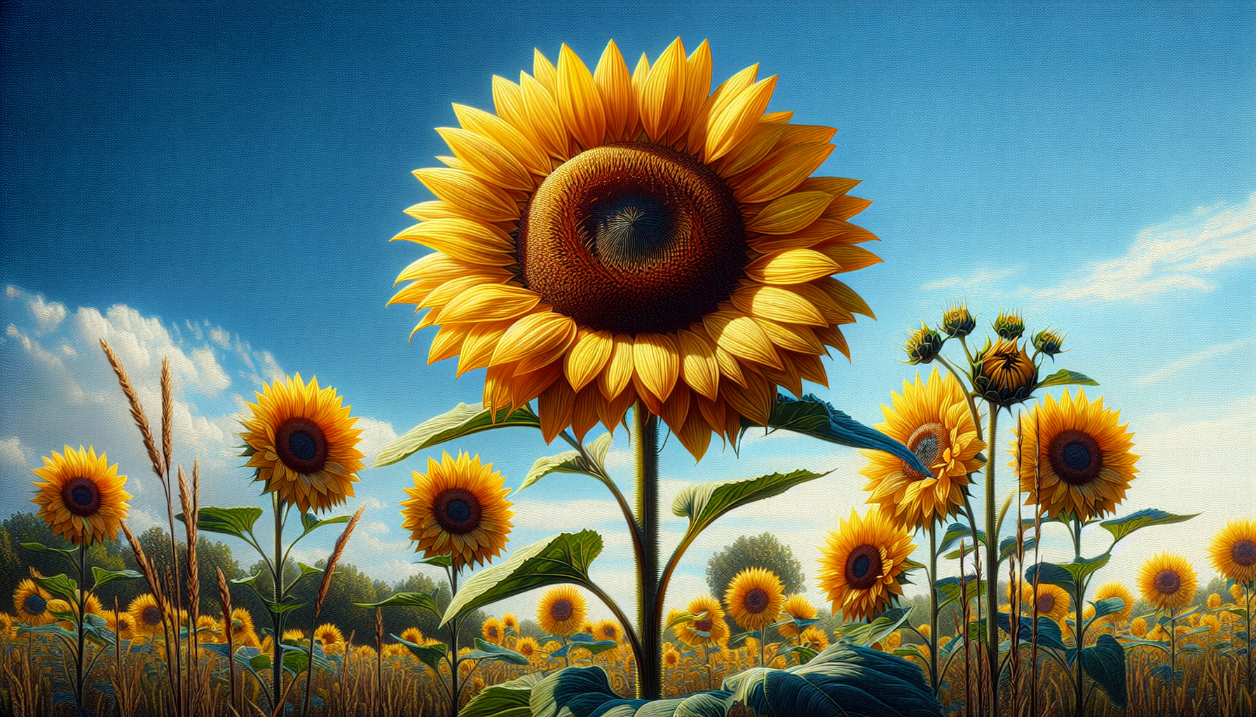 Une image réaliste d'un tournesol sous un ciel bleu éclatant.