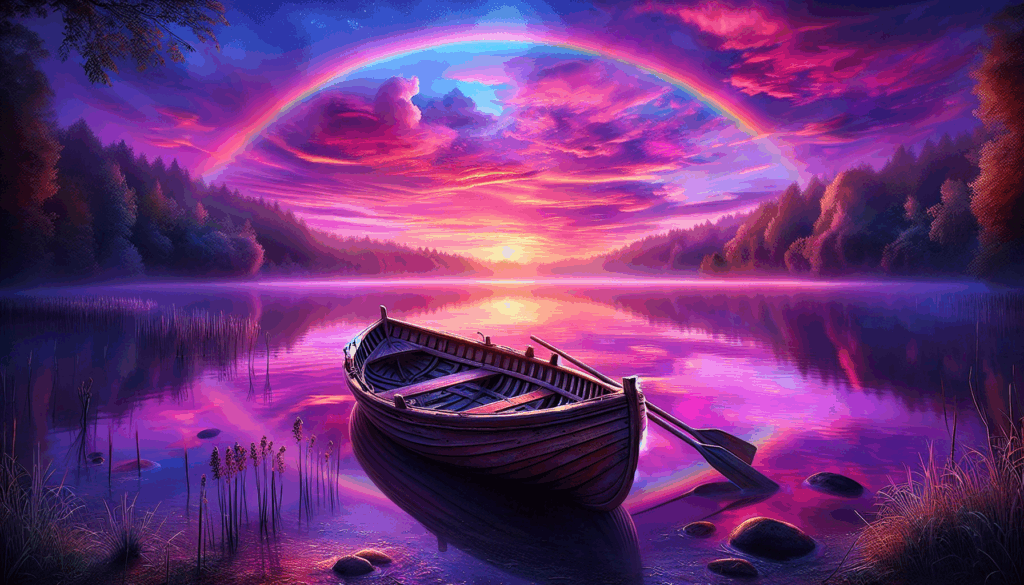 Arc-en-ciel au-dessus d'un lac serein avec un seul bateau au coucher du soleil.