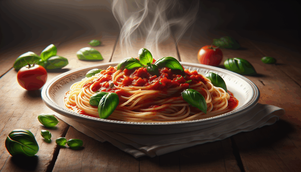 Une assiette réaliste de spaghettis avec de la sauce tomate et des feuilles de basilic.