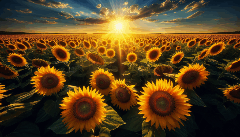 Champ de tournesols réalistes avec un ciel bleu clair en arrière-plan.