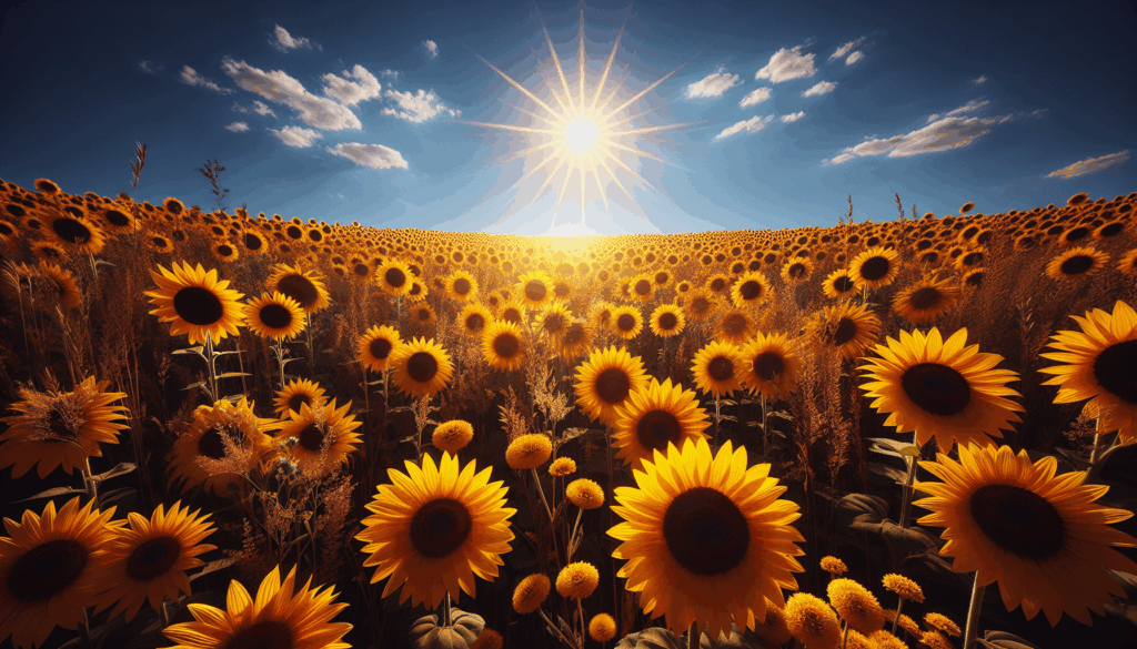 Une image réaliste d'un champ de tournesols sous un ciel bleu dégagé.