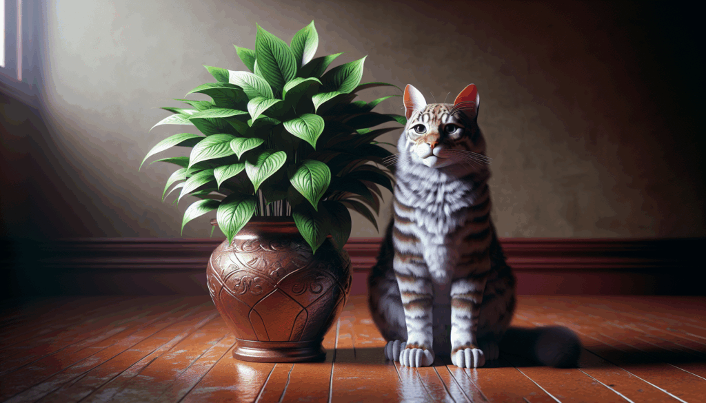 Une image réaliste d'un chat assis à côté d'une plante en pot.