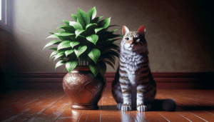 Une image réaliste d'un chat assis à côté d'une plante en pot.