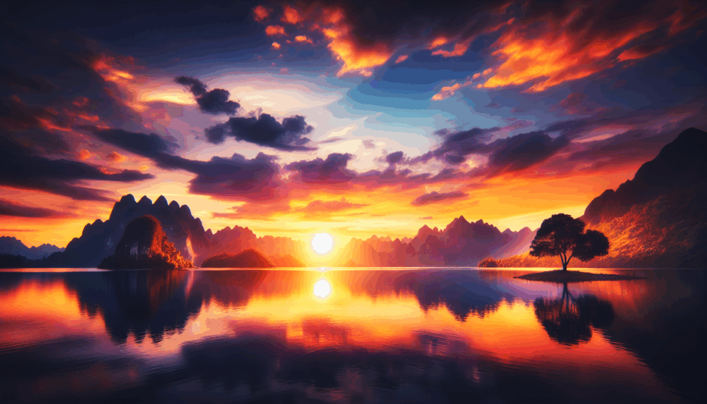 Coucher de soleil sur un lac calme avec des montagnes en arrière-plan et la silhouette d'un arbre solitaire.