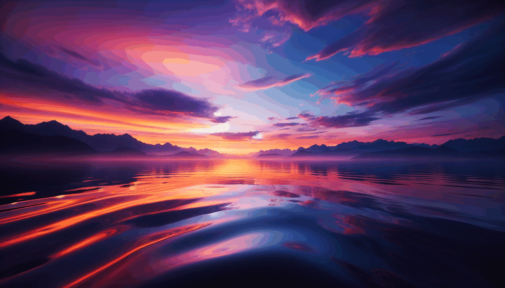 Vue du coucher de soleil sur un lac calme avec des montagnes lointaines et un ciel dégagé.