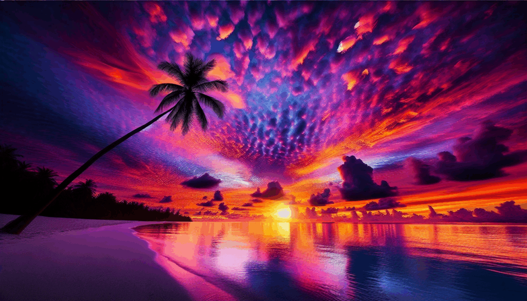 Coucher de soleil sur un océan calme avec la silhouette d'un palmier solitaire.