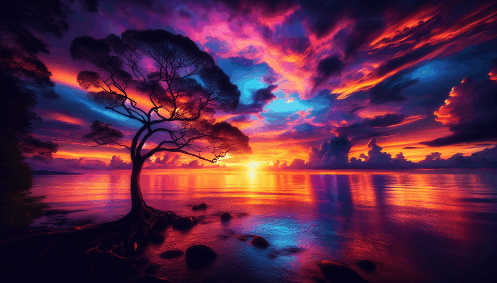 Coucher de soleil sur un océan paisible avec la silhouette d'un arbre solitaire.