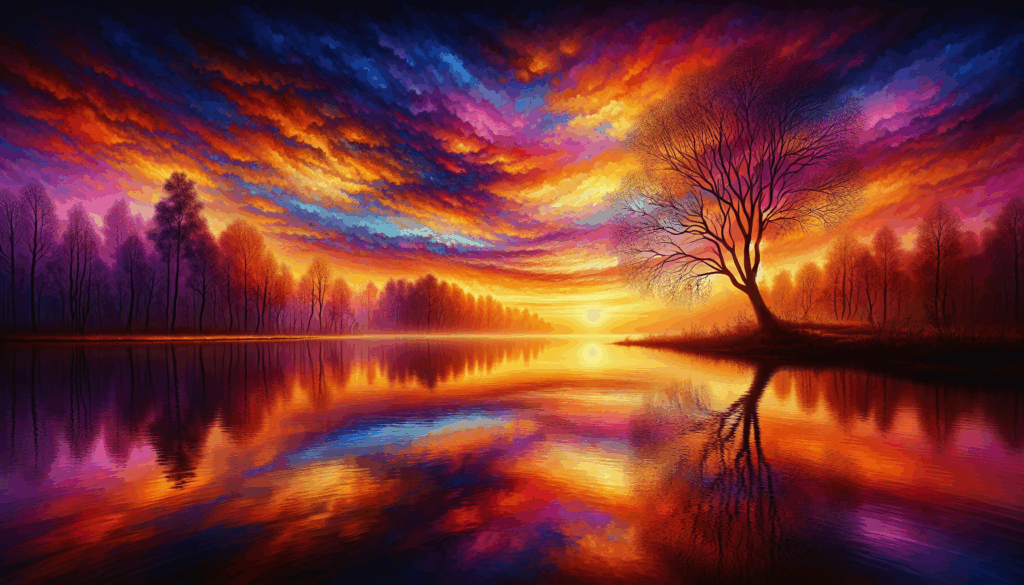 Un coucher de soleil réaliste au-dessus d'un lac tranquille avec la silhouette d'un seul arbre.