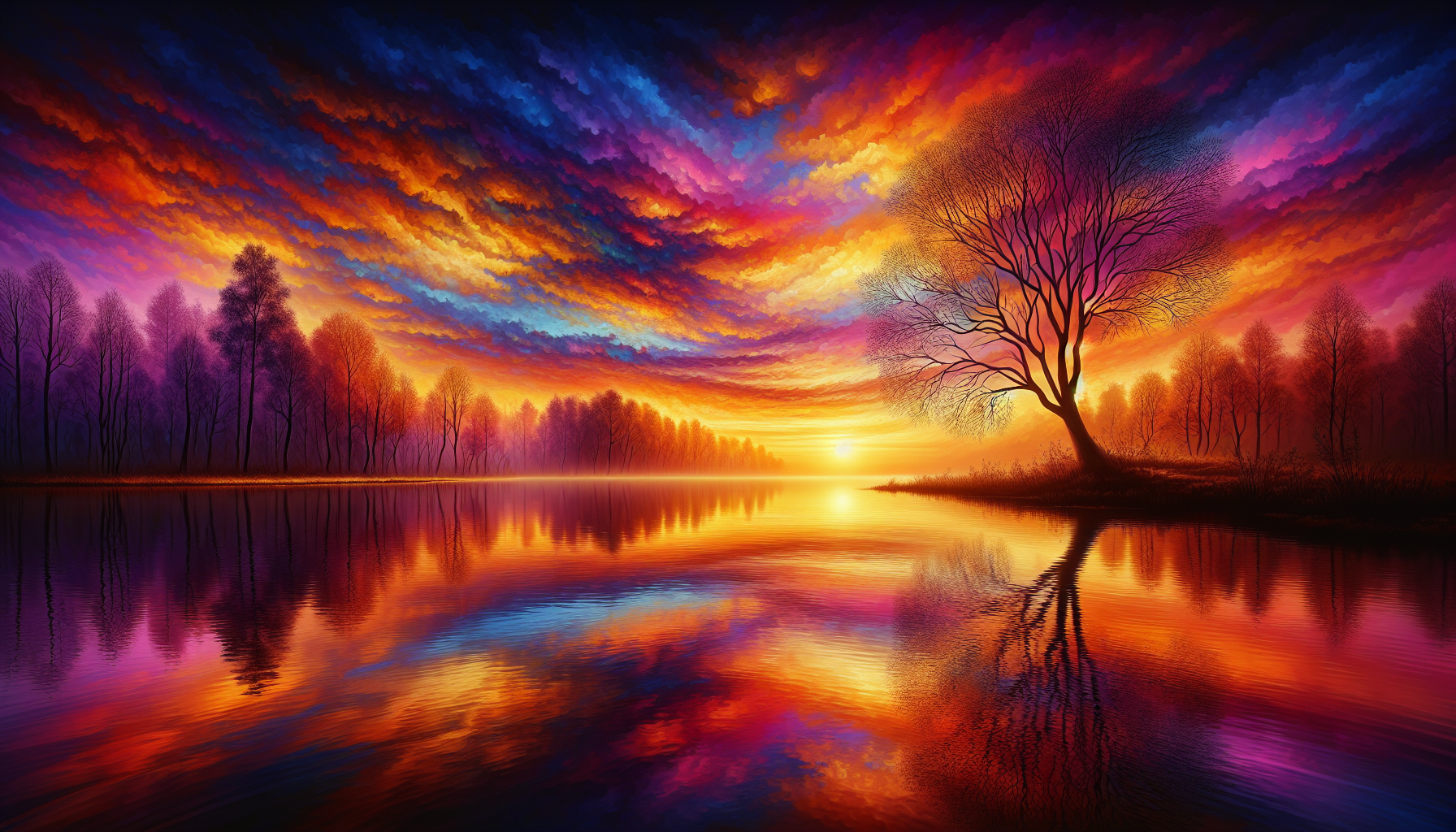 Un coucher de soleil réaliste au-dessus d'un lac tranquille avec la silhouette d'un seul arbre.