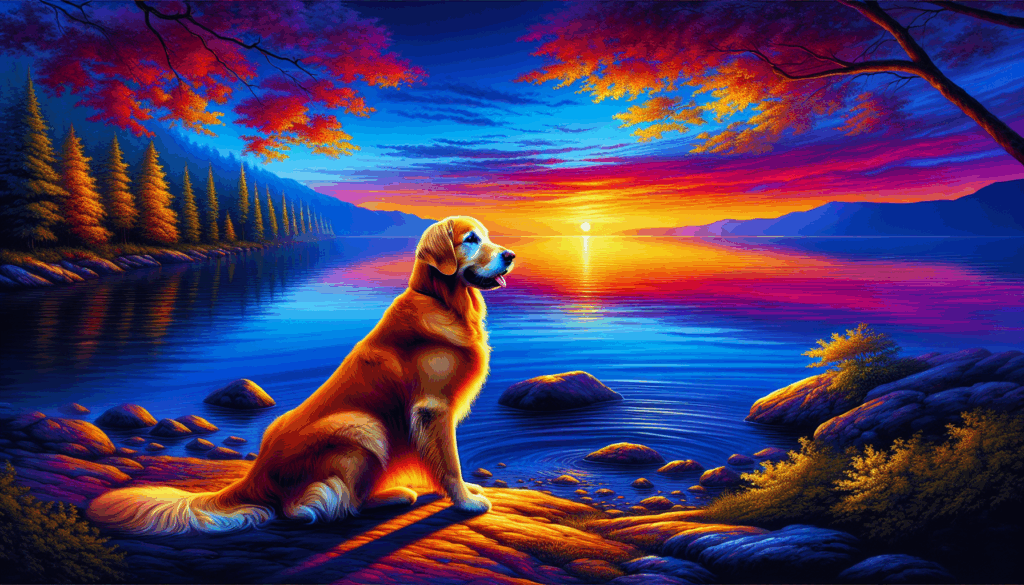 Une scène réaliste d'un golden retriever assis à côté d'un lac bleu au coucher du soleil.