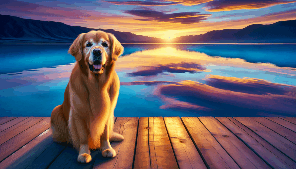 Une image réaliste d'un golden retriever assis à côté d'un lac bleu au coucher du soleil.
