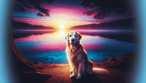 Une image réaliste d'un golden retriever assis à côté d'un lac bleu au coucher du soleil.