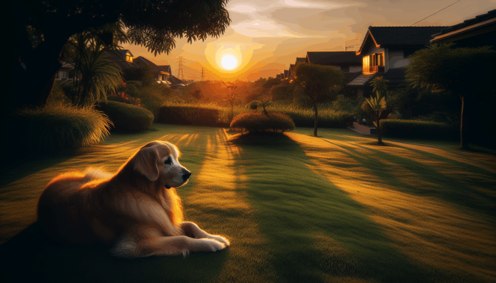 Un golden retriever assis sur une pelouse verdoyante pendant le coucher du soleil.