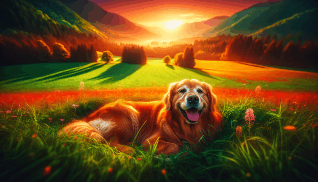 Une image réaliste d'un golden retriever couché sur un champ herbeux au coucher du soleil.
