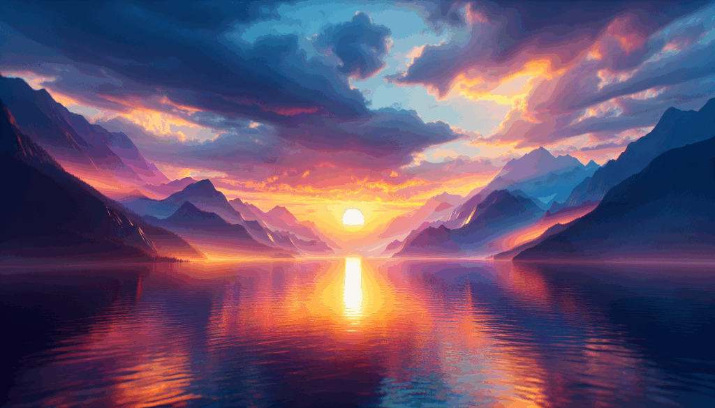 Une image réaliste d'un lever de soleil coloré au-dessus d'un lac de montagne serein.