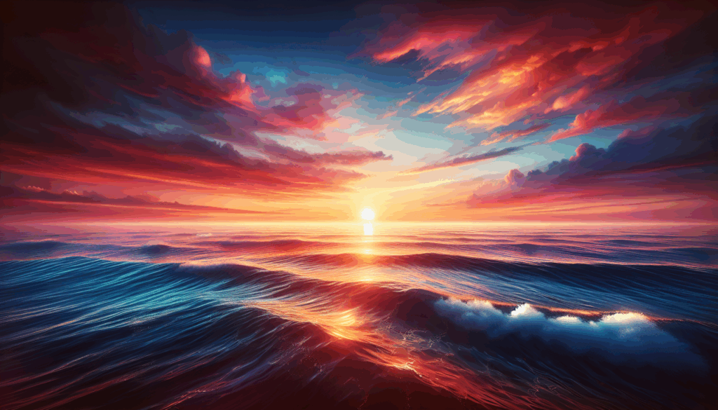 Une image réaliste d'un lever de soleil sur un océan calme avec de douces vagues.