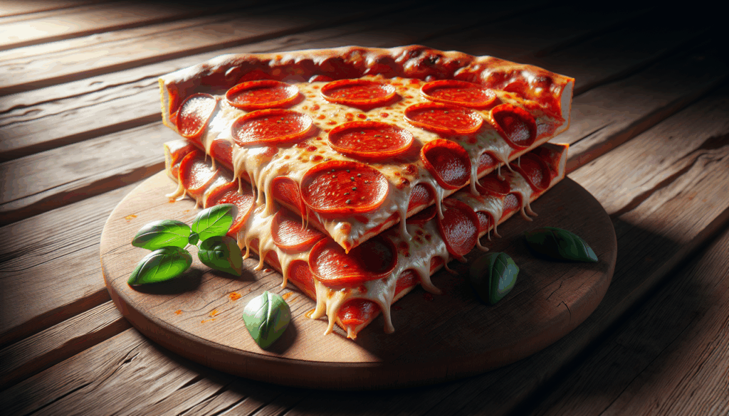 Une image réaliste d'une part de pizza au pepperoni sur une table en bois.