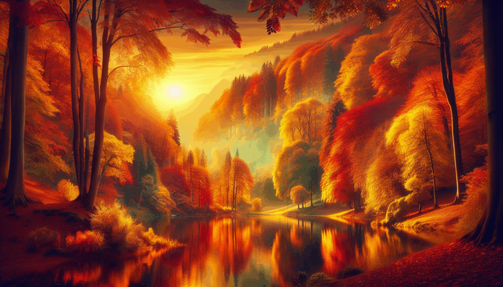 Paysage automnal avec des arbres perdant leurs feuilles et un lac calme au coucher du soleil.