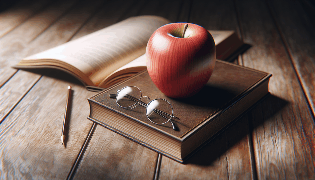 Une pomme réaliste posée sur un livre ouvert et vierge, à côté d'une paire de lunettes rondes.