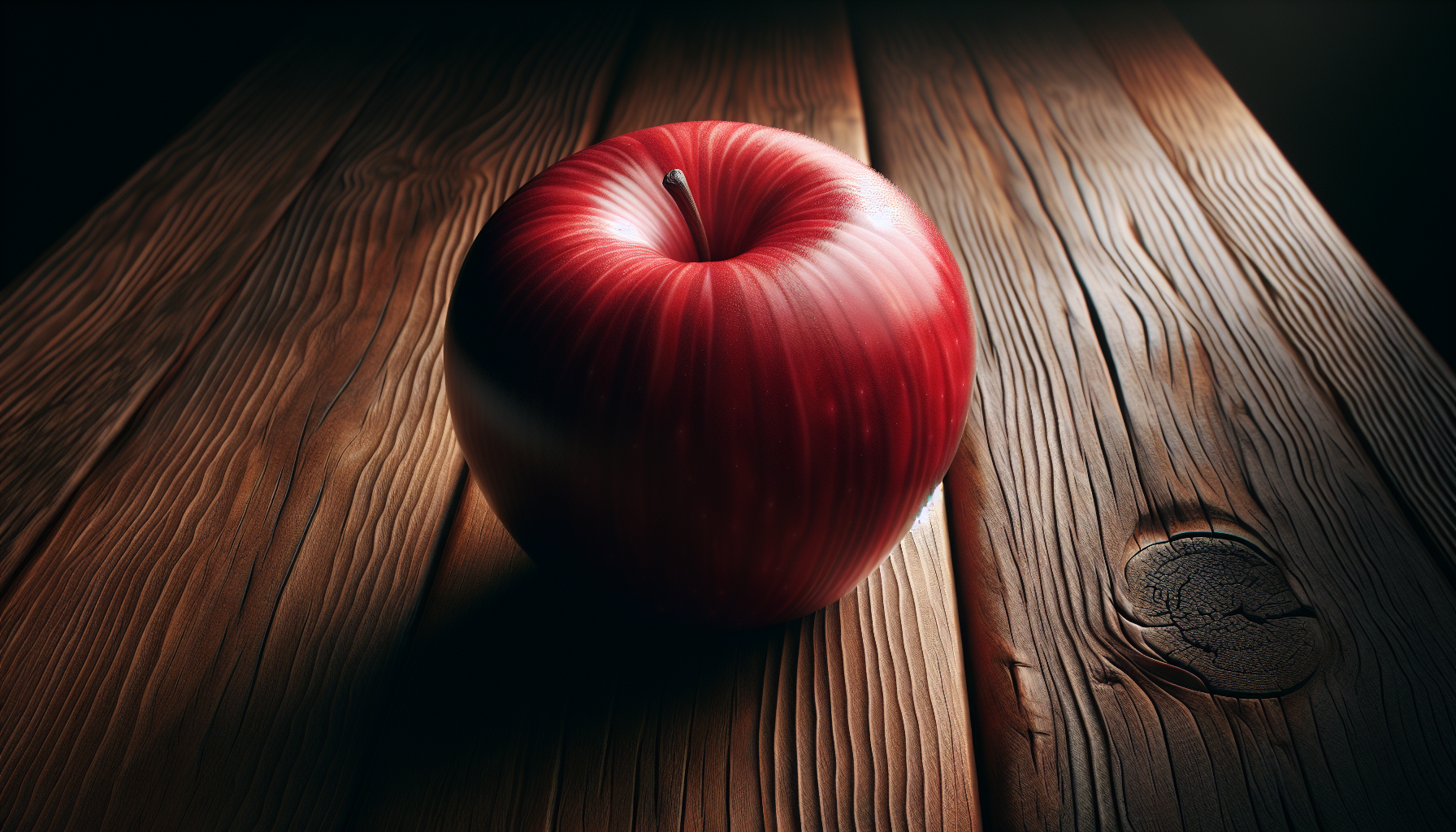 Une image réaliste d'une pomme rouge sur une table en bois.
