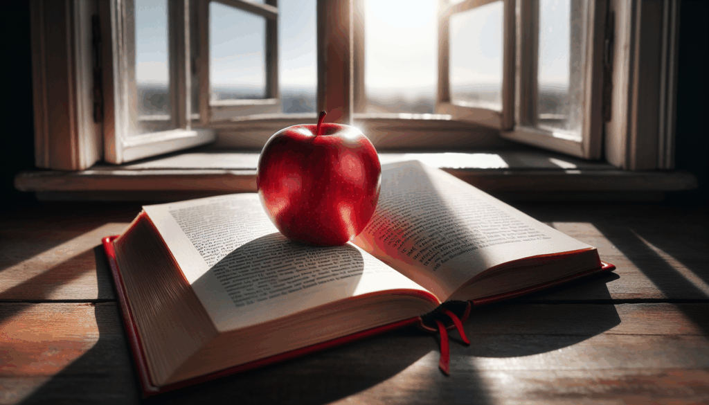 Une image réaliste d'une pomme rouge reposant sur un livre ouvert à côté d'une fenêtre.