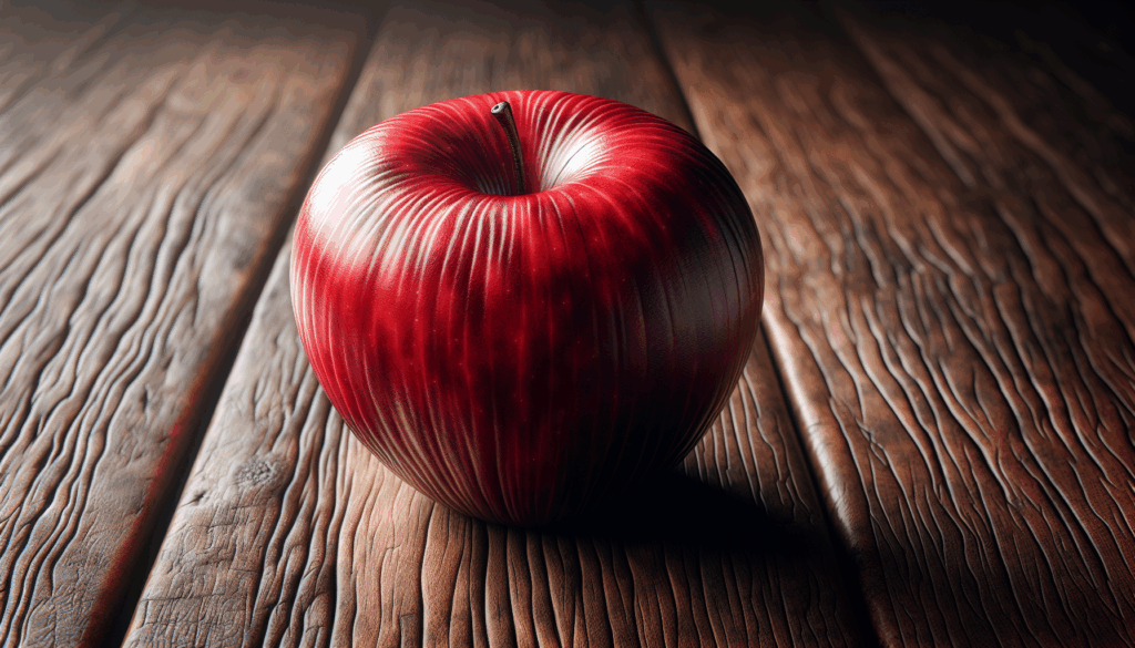 Une image réaliste d'une pomme rouge sur une table en bois.