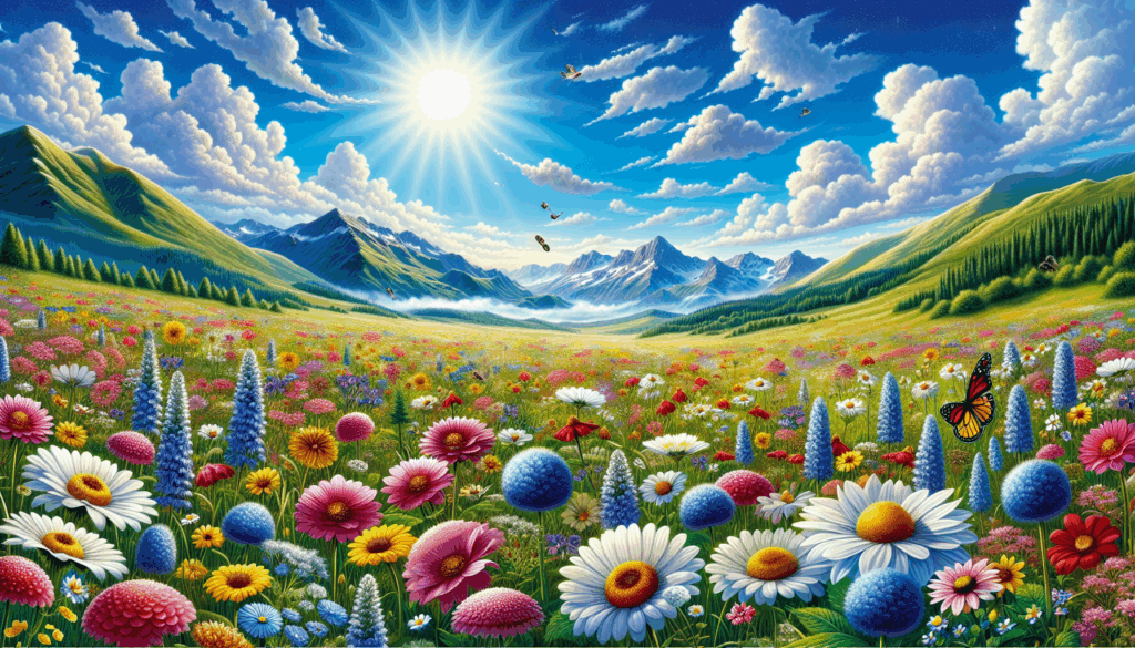 Pré ensoleillé avec des fleurs sauvages et une chaîne de montagnes au loin.