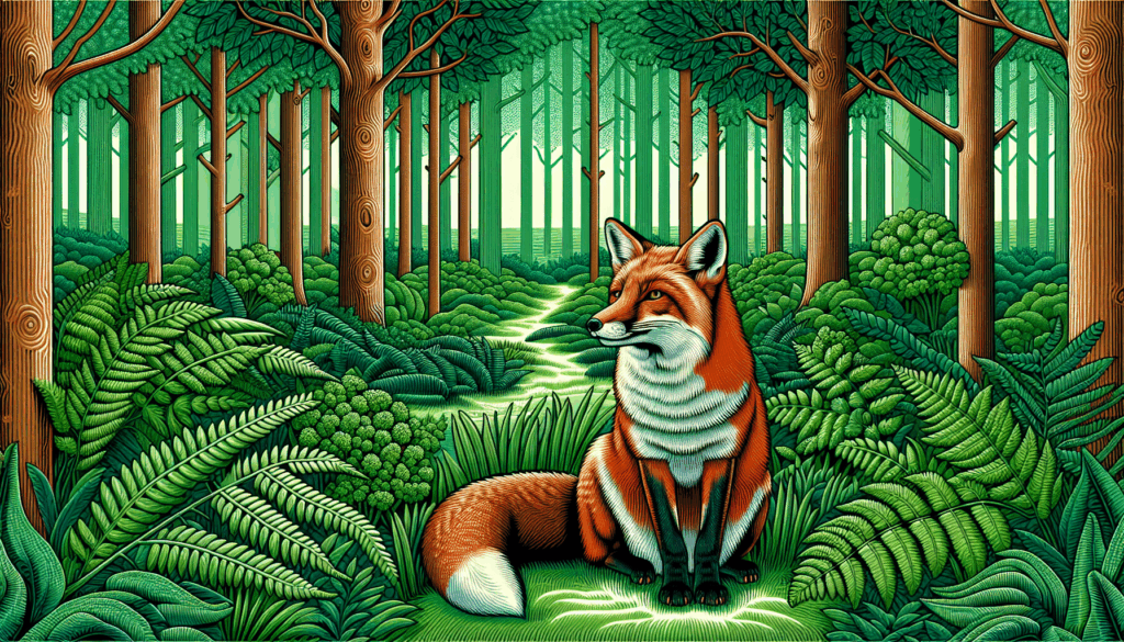 Un renard roux réaliste assis dans une clairière verdoyante de la forêt.