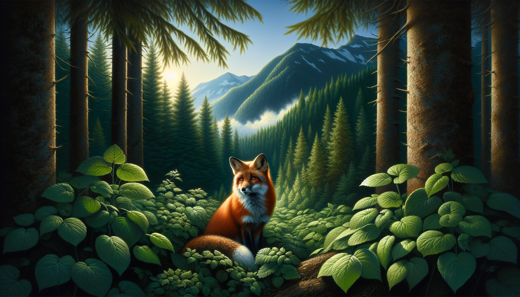Un renard roux réaliste assis dans une clairière verdoyante de la forêt.