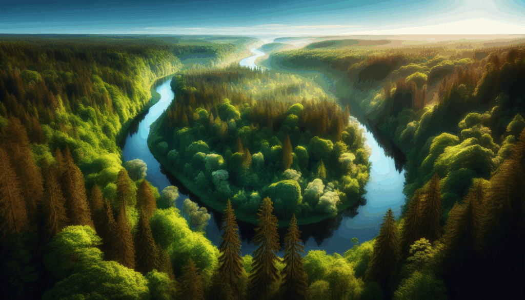 Une rivière pittoresque entourée d'une forêt verdoyante sous un ciel bleu dégagé.