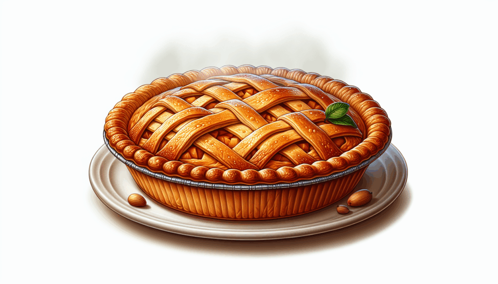 Une tarte aux pommes réaliste sur une assiette blanche avec une croûte dorée et une garniture fumante.