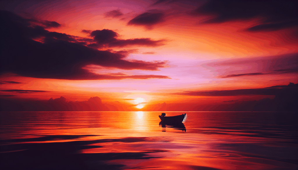 Coucher de soleil sur un océan calme avec la silhouette d'un bateau solitaire.