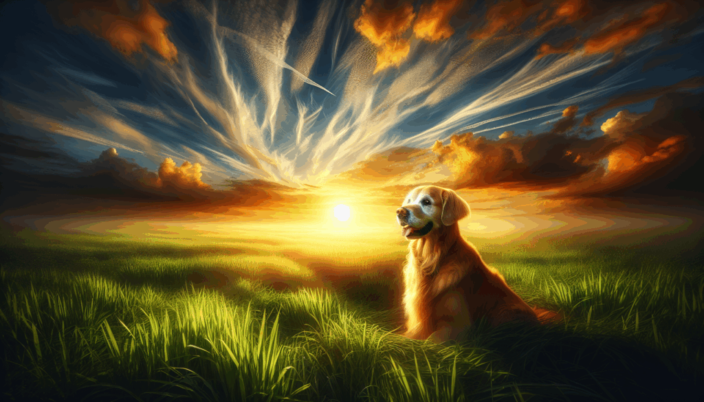 Une image réaliste d'un golden retriever assis sur un champ herbeux au coucher du soleil.