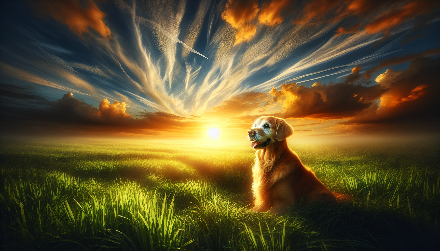 Une image réaliste d'un golden retriever assis sur un champ herbeux au coucher du soleil.