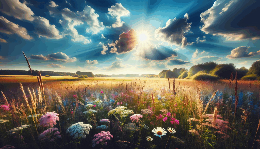 Pré ensoleillé avec une variété de fleurs sauvages colorées et un ciel bleu au-dessus.