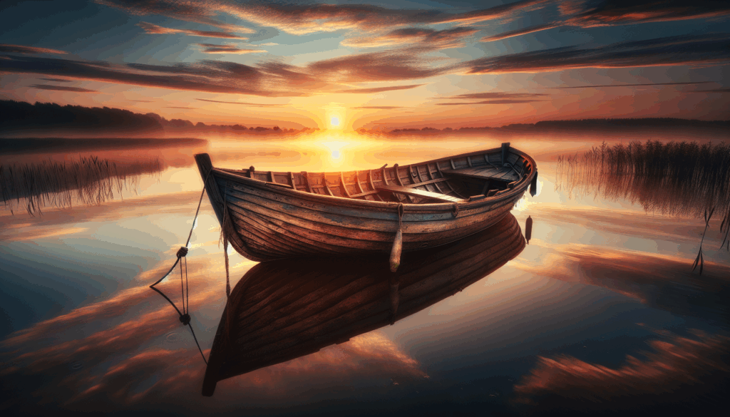 Un vieux bateau de pêche en bois flottant sur un lac calme au lever du soleil.